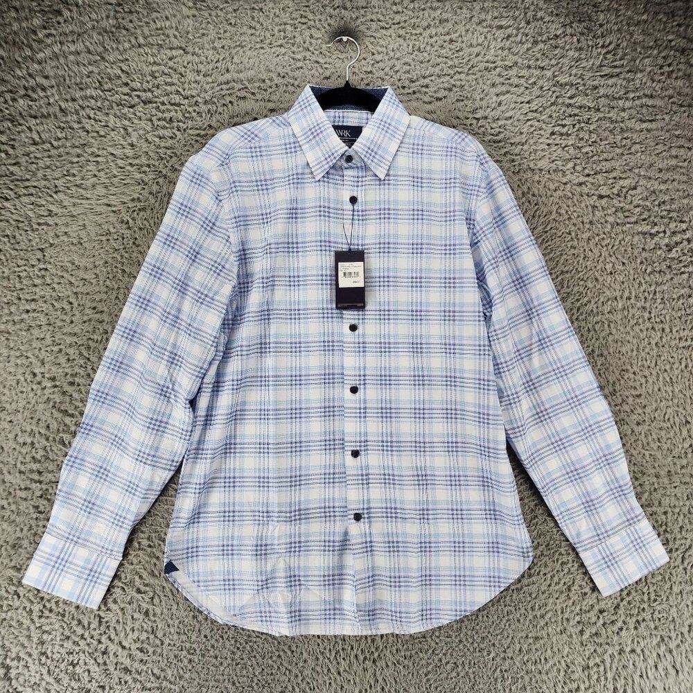 WRK Shirt Mens 15.5  Blue Plaid Long Sleeve Button Up Regular Fit  *NWT*